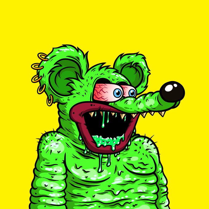 A cartoon illustration of a green, grotesque mouse-like creature with bulging eyes, sharp teeth, and dripping drool on a yellow background.