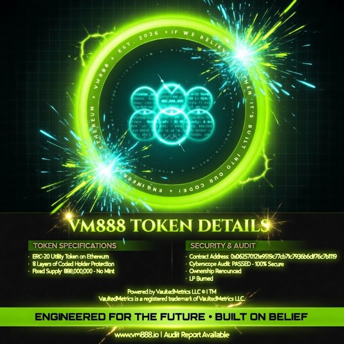 Marketing graphic for 'VM888 TOKEN DETAILS' advertising an ERC-20 Utility Token on Ethereum with token specifications, contract address, and security audit info.