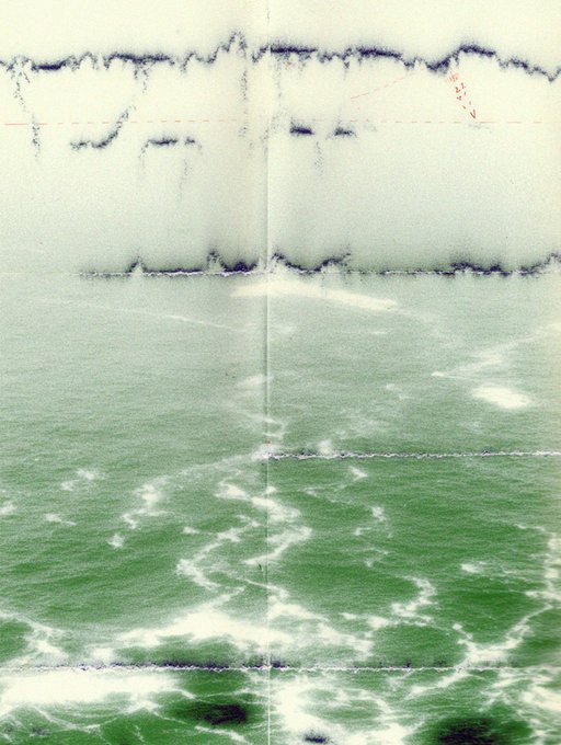 The image shows a piece of paper with a drawing of ocean waves and a greenish hue over them. The text "gm folded horizons 15/15, 0.005 ETH Available on @TransientLabs" is present near the bottom right corner of the image. This suggests that the post might be related to an artist's work or a discussion about the artwork displayed in the image.