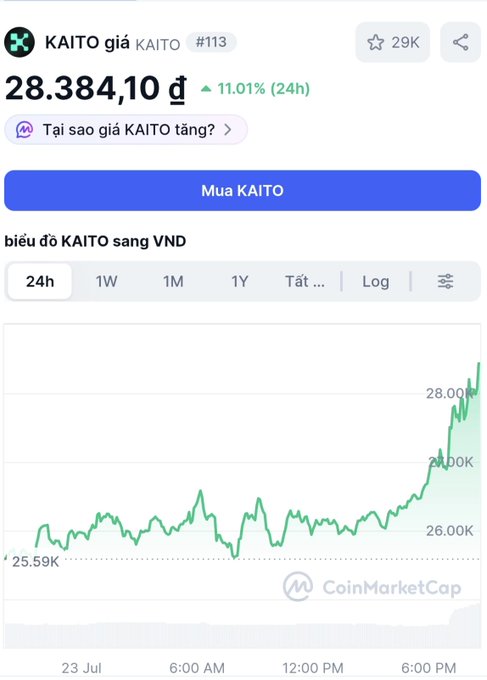 The image shows a CoinMarketCap chart of KAITO priced at 28,384.10 ₫, up 11.01% in 24 hours. The post notes KAITO's renewed partnership with X, likely fueling the notable price surge visible in the chart's sharp upward trend during late trading hours.
