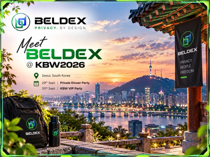 A promotional poster for 'BELDEX' inviting attendees to 'Meet BELDEX @ KBW2026' in Seoul, South Korea on Sept 29-30, featuring a scenic city skyline at sunset with branded merchandise.
