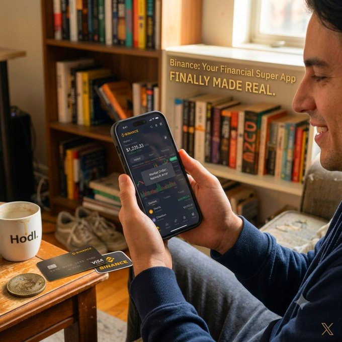 A man smiles while holding a smartphone displaying the Binance app showing a Bitcoin wallet balance of $1,226.33, with text overlay reading 'Binance: Your Financial Super App FINALLY MADE REAL.'