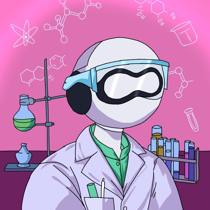 An animated character wearing a lab coat, safety goggles, and green shirt stands in a laboratory with chemistry equipment including test tubes, beakers, and molecular diagrams on a pink background.
