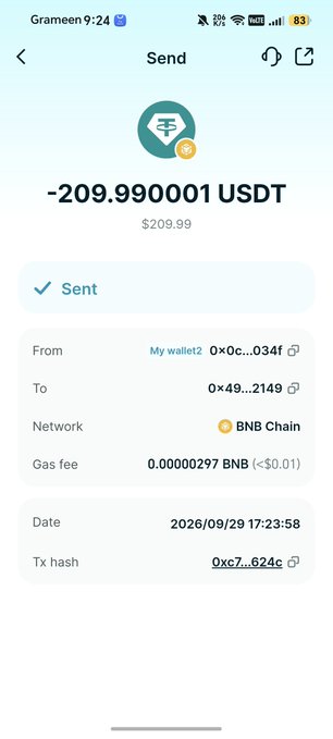 A cryptocurrency wallet screenshot showing a sent transaction of -209.990001 USDT ($209.99) on the BNB Chain network.