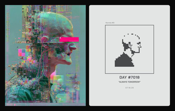 A diptych showing a glitchy cyberpunk portrait of a cyborg on the left and a pixel-art 'Nonnie #0' piece titled 'DAY #7018 - ALWAYS TOMORROW' dated 07.18.26 on the right.