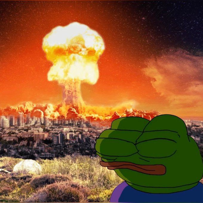 A giant frog wearing a hoodie looks stoically at a massive mushroom cloud explosion destroying a city in the background. The image symbolizes the explosive growth and "nuclear" momentum of the $PUNK frog cult community, with the frog standing unfazed as the destruction represents the rapid expansion of their 150 X followers and 125 community members.