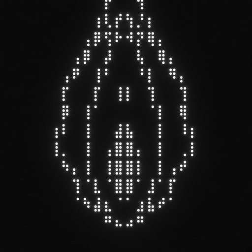 A dotted representation of the Bitcoin logo formed by white dots on a black background.