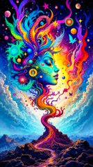 A vibrant, colorful digital illustration depicts a stylized face emerging from swirling rainbow hair that transitions into a tree trunk at the bottom.