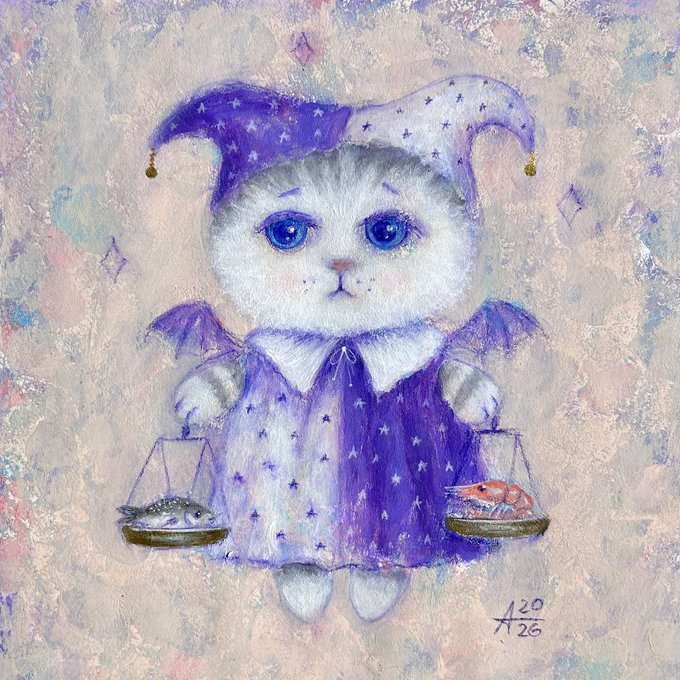 A whimsical painting of a white kitten wearing a purple jester-style hat and dress, holding a balance scale with a fish on one side and pearls on the other, symbolizing the Libra zodiac sign's theme of weighing choices—signed "A20/26" in the corner and promoted as a 12-edition NFT on Tezos.