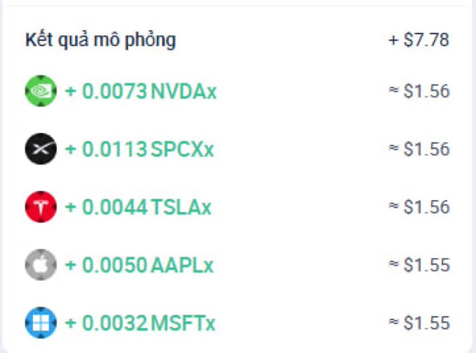 A portfolio summary showing expected returns of +$7.78 from fractional shares including NVDAx, SPCXx, TSLAx, AAPLx, and MSFTx.