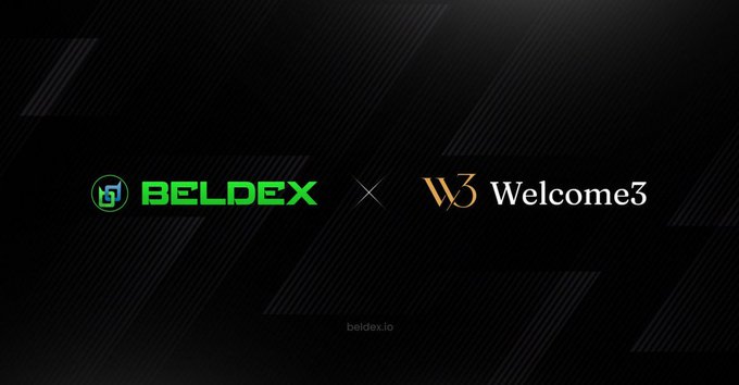 A dark promotional banner shows logos for 'BELDEX' and 'W3 Welcome3' separated by an 'x', with the website 'beldex.io' displayed below.