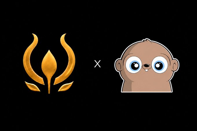 Two cartoon-style logos separated by a multiplication sign: a golden flame/leaf emblem on the left and a cute brown round character with big blue eyes on the right, displayed on a black background.