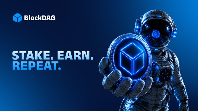 A futuristic astronaut holds a glowing BDAG coin, embodying the "STAKE. EARN. REPEAT." call-to-action for the BlockDAG staking ecosystem.