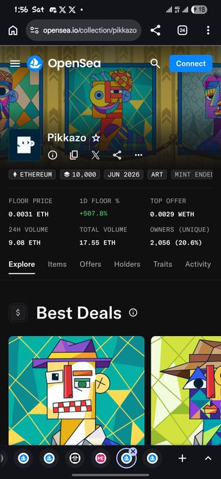 A mobile screenshot of the OpenSea NFT marketplace showing the 'Pikkazo' collection with a floor price of 0.0031 ETH and 24H volume of 9.08 ETH.