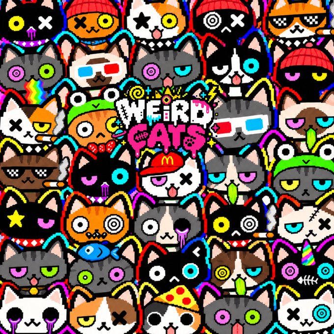 A colorful pixel art image filled with many stylized cartoon cat faces wearing various accessories like glasses and hats, with the text 'WEIRD CATS' in the center.