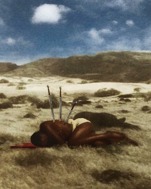 A figure lies curled on the ground in a desolate landscape, pierced by several long needles or darts in their back, evoking themes of vulnerability, suffering, and aftermath. The piece, titled "✧ Remnant ✧," reflects this haunting imagery, having been sold on the NFT market to @sashaku9292 for 0.2 ETH ($385.43) as a $RARE collectible.