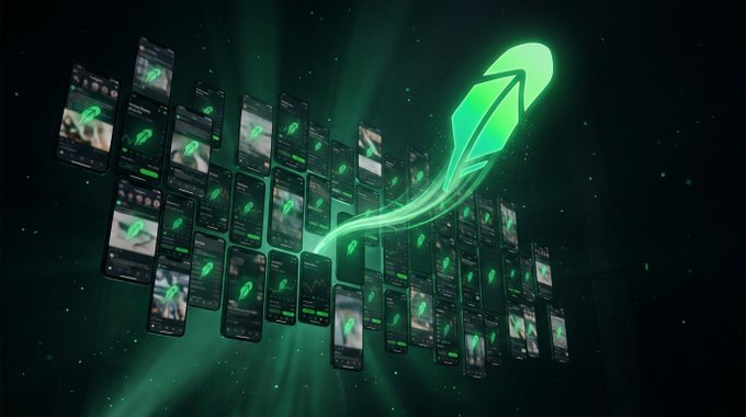 Multiple smartphones are arranged in a grid pattern against a dark background, all displaying a green leaf/feather logo, with a larger glowing version of the same logo on the right.