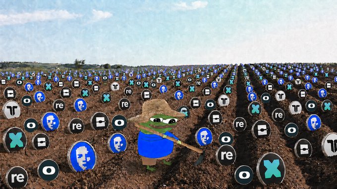 A Pepe character in a straw hat and blue shirt stands holding a hoe in a vast field of circular tokens branded with logos like "O," "re," and "X," symbolizing the untapped potential of DeFi projects like Tori Finance, which boasts a 10.5% APY across its vaults, contrasting the meme-focused crypto hype with the deeper value of decentralized finance.