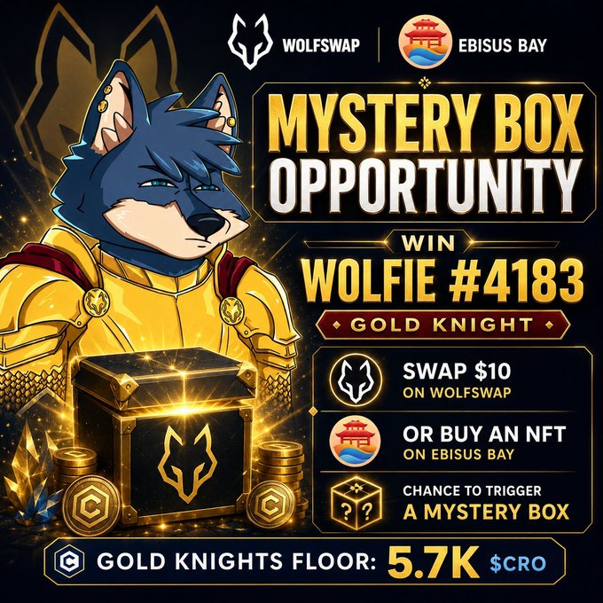 A promotional graphic for WolfSwap and Ebisus Bay advertising a 'Mystery Box Opportunity' to win Wolfie #4183 Gold Knight, with a 5.7K $CRO Gold Knights Floor.