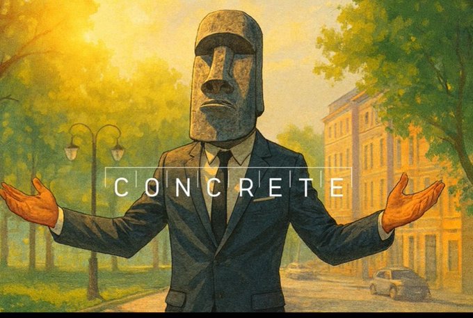A stylized illustration of a man wearing a suit and a stone moai head as a mask, standing with open arms, with the word "CONCRETE" overlaid in the center.