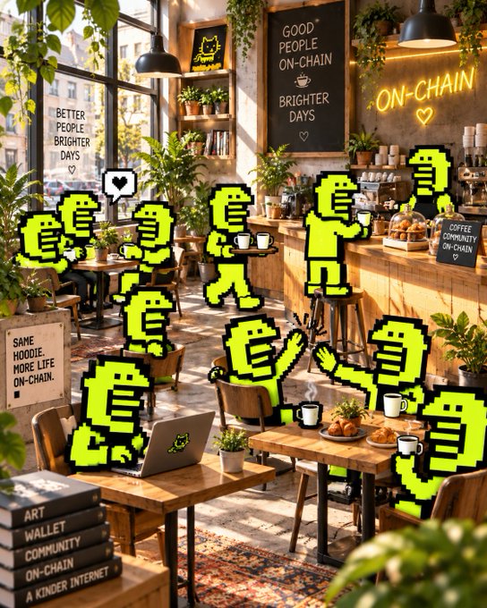 A warm, cozy cafe interior decorated with plants and neon signs like "ON-CHAIN," overlaid with bright green pixelated characters resembling Pepe the Frog in various poses.