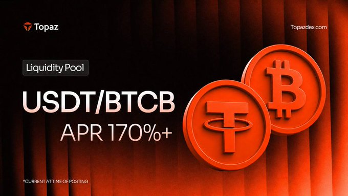 A promotional graphic from Topaz (Topazdex.com) advertising a Liquidity Pool for USDT/BTCB with an APR of 170%+, featuring 3D-rendered red Tether and Bitcoin coins.