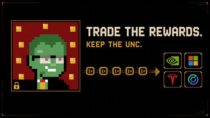 A pixel art graphic with the text "TRADE THE REWARDS. KEEP THE UNC." shows a green zombie-like character beside a row of five "1x" tokens pointing to tech company logos (Nvidia, Microsoft, Tesla, and a circular icon), illustrating how holders can tokenize and trade their bStock NFT rewards on a secondary market while retaining their UNC.