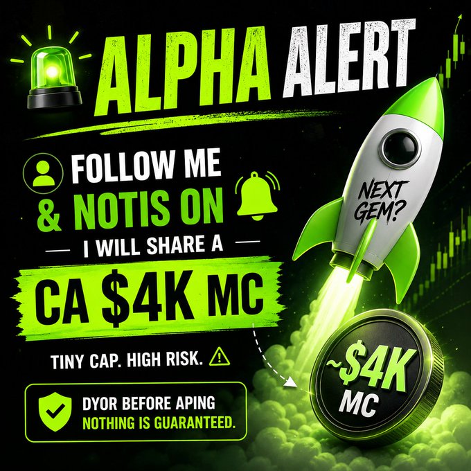 A promotional crypto graphic with a rocket and coin reading 'ALPHA ALERT', 'FOLLOW ME & NOTIS ON', 'I WILL SHARE A CA $4K MC', 'TINY CAP. HIGH RISK.', and 'DYOR BEFORE APING NOTHING IS GUARANTEED.'