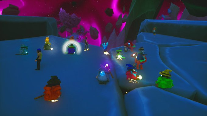 A screenshot from a video game showing a snowy landscape with various blocky, colorful characters gathered in a valley under a pink and purple cosmic sky with floating rocks.