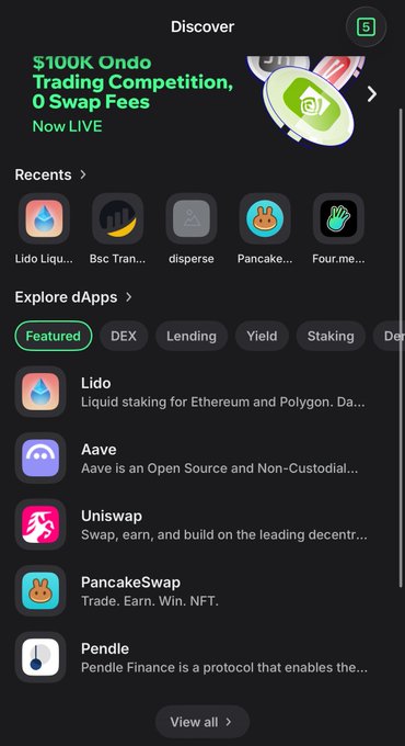 The image shows the "Discover" section of a crypto wallet app featuring a "$100K Ondo Trading Competition, 0 Swap Fees" banner, along with recently used dApps like Lido, Bsc Tran, disperse, PancakeSwap, and Four.me, and an "Explore dApps" list highlighting Featured protocols including Lido, Aave, Uniswap, PancakeSwap, and Pendle. The post appears to be a request to add @Stoxesfun as a featured dApp on @TrustWallet's Discover page, similar to the trending DeFi platforms shown.