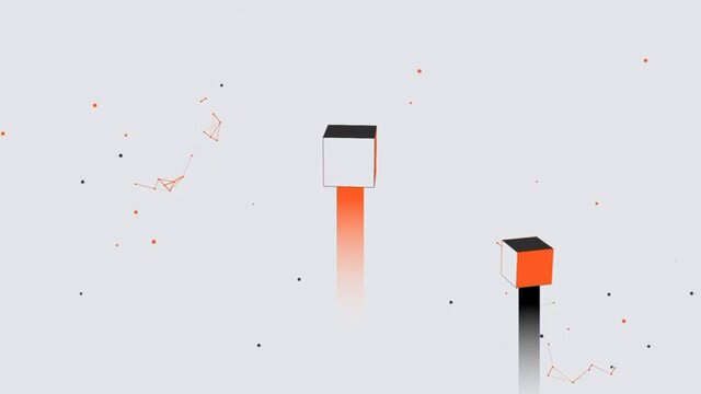 The image features a white square with an orange border, standing out against a gray background. The square has two black lines extending from its center, creating a sense of depth and dimension. The image also contains small dots scattered throughout the scene, adding texture and visual interest. The caption "QNT’s Overledger platform aims to address one of the most significant hurdles hindering blockchain adoption: Interoperability Watch." is related to the image by highlighting the importance of interoperability in the development of successful blockchain solutions.