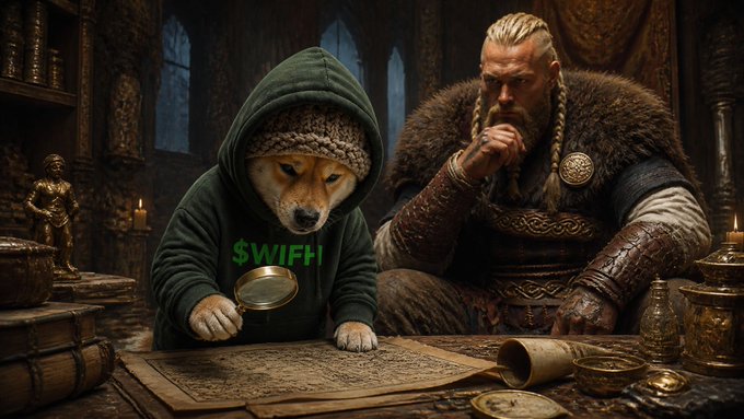 A Shiba Inu dog wearing a green '$WIFH' hoodie examines a map with a magnifying glass, accompanied by a Viking-like warrior in a dimly lit medieval setting.