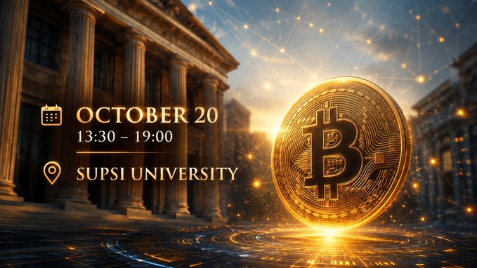 A promotional banner for the Scientific Bitcoin Institute launch event on October 20, 13:30–19:00 at SUPSI University, featuring a glowing golden Bitcoin coin set against a classical architectural backdrop with network-like light patterns, visually merging the traditional academic setting with cryptocurrency themes to represent the event's focus on studying Bitcoin as a complex system.