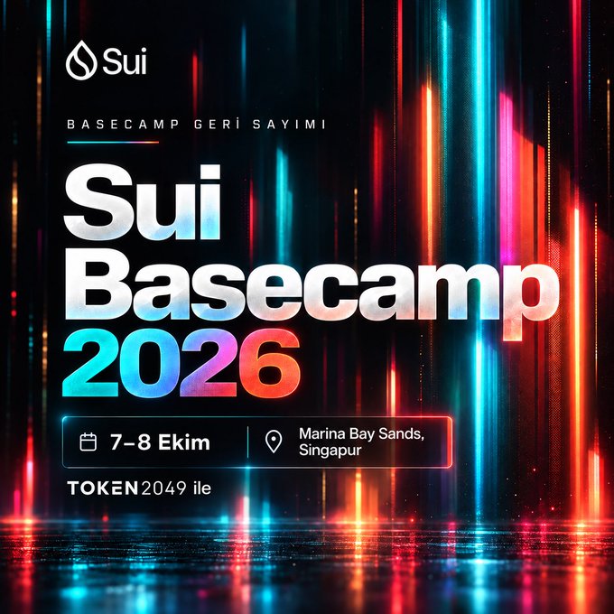 A promotional graphic for 'Sui Basecamp 2026' held at Marina Bay Sands, Singapore on 7-8 Ekim (October), featuring colorful neon light streaks and a 'TOKEN 2049' partnership.