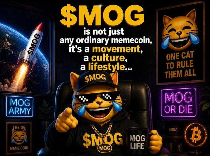 A stylized cartoon cat wearing a "$MOG" cap and shutter shades points at the viewer while holding a "MOG LIFE" mug, surrounded by neon "MOG ARMY," "MOG OR DIE," and "ONE CAT TO RULE THEM ALL" signs. Bold yellow text declares "$MOG is not just any ordinary memecoin, it's a movement, a culture, a lifestyle," promoting the $MOG memecoin as a lifestyle brand.