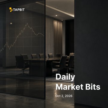 A dark, moody image of a modern conference room viewed through a glass wall with a stock market line graph overlaid, featuring 'TAPBIT' branding and text 'Daily Market Bits, Oct 2, 2026'.