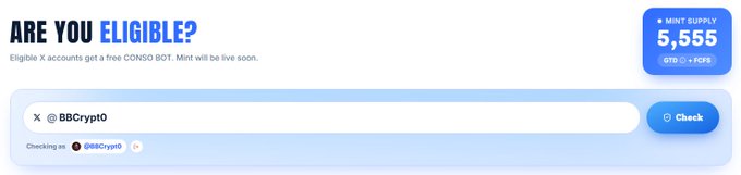The image shows an "Are You Eligible?" checker for CONSO Bot with a 5,555 mint supply, currently checking BBCrypto's X account as an example. This aligns with the post about @conso_xyz, an NFT project on Sui, highlighting their eligibility verification tool that allows content creators of any follower size to participate.