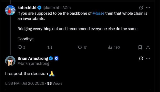 A screenshot of a tweet by @katexbt announcing they're leaving the Base ecosystem with the quip "If you are supposed to be the backbone of @base then that whole chain is an invertebrate," followed by Coinbase CEO @brian_armstrong replying "I respect the decision 🙏," reflecting the post's narrative of Base's downfall and the community's ultimate loss of patience.