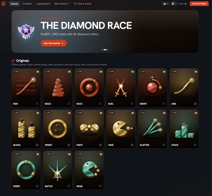 Screenshot of a crypto gaming platform called "The Diamond Race" featuring 15 original mini-games including RIDE, BUILD, RACE, DUEL, GROW, LINE, BLOCK, SPRINT, FIGHT, TAKE, SCATTER, STACK, DERBY, BATTLE, and GRAB.