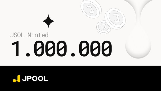 A JPool promotional graphic announcing that JSOL has minted 1,000,000 tokens, featuring floating coin illustrations.