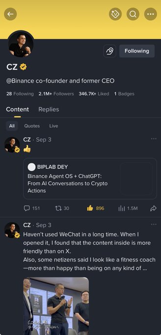 A screenshot of CZ's (@Binance co-founder and former CEO) profile shows recent posts, including a "BIPLAB DEY" Binance Agent OS + ChatGPT announcement and a personal note about WeChat.