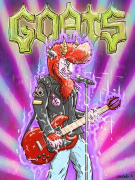 A vibrant poster featuring an anthropomorphic red-haired wolf character playing a red electric guitar on stage, with the word 'GOATS' displayed in stylized green text at the top.