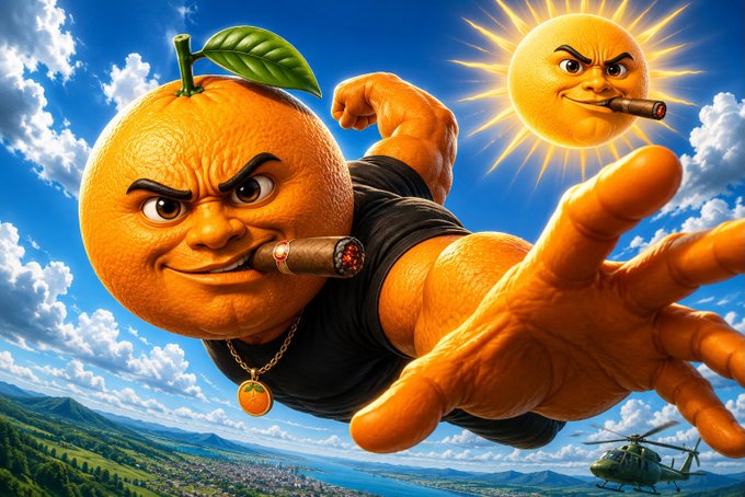 A 3D cartoon illustration of an orange character with a muscular arm, smoking a cigar, with an anthropomorphic sun wearing sunglasses in the background.