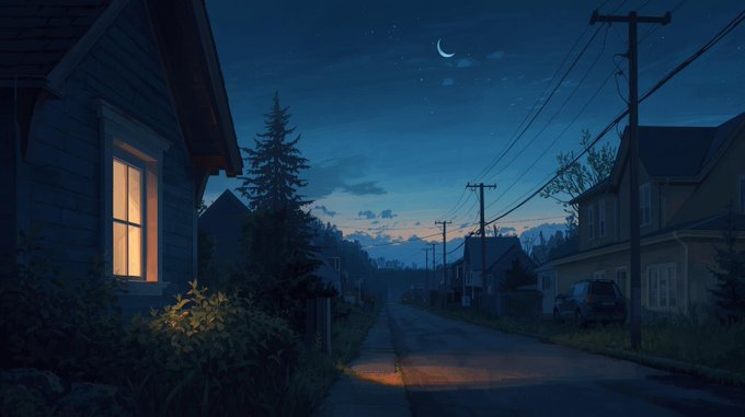 An anime-style illustration of a quiet suburban street at night with a crescent moon, lit windows, telephone poles, and a parked SUV.