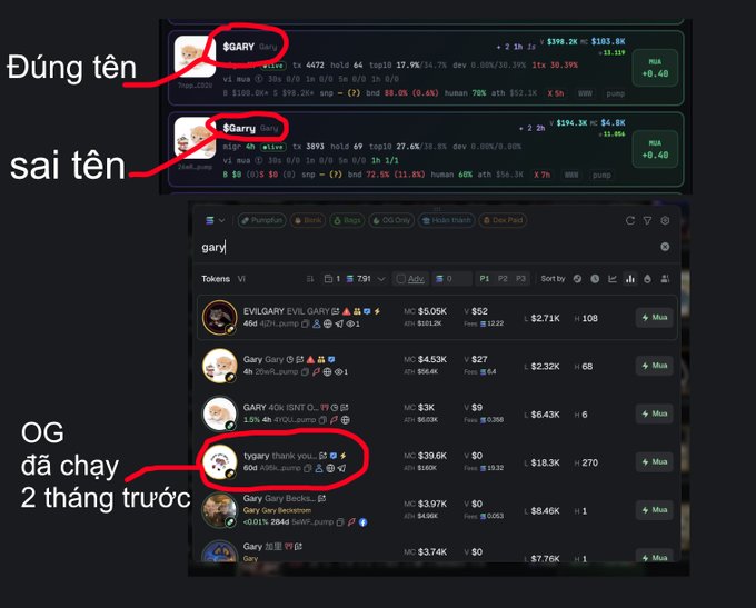 The screenshot illustrates a tutorial on checking memecoins, highlighting a correct spelling "$GARY" and an incorrect spelling "$Garry" at the top, with a note pointing out that an OG version "garyary" has already run 2 months prior. It demonstrates how to verify narrative authenticity by ensuring the token name matches the original character without typos, as part of selecting potential 100x runners on Pump.fun.