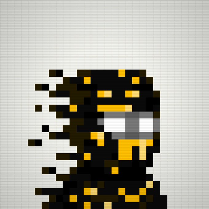 Pixel art illustration of what appears to be a character or creature in black and orange/yellow colors on a grid background.