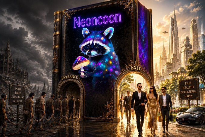 An illuminated book titled "Neoncoon" features a glowing raccoon holding a mushroom, contrasting a crowd entering a dark, grim cityscape with a group exiting into a bright, successful one. This imagery visually represents the transformative "movement" the post describes, moving from "poor, tired, struggling, no hope" to "rich, healthy, successful, happy."