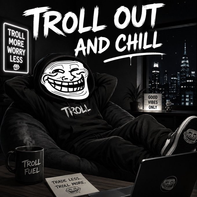 A black and white trollface-themed graphic showing a relaxed figure in a chair with the text 'TROLL OUT AND CHILL', featuring signs saying 'TROLL MORE WORRY LESS', 'GOOD VIBES ONLY', 'TROLL FUEL', and 'TRADE LESS. TROLL MORE.'