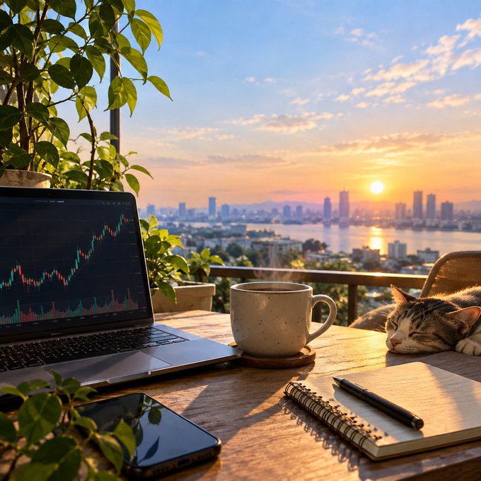 A cozy workspace setup featuring a laptop displaying a stock chart, a steaming mug of coffee, a sleeping cat, a smartphone, and a notebook, all overlooking a sunset cityscape with a river.
