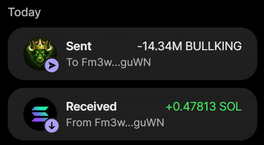 A crypto transaction history showing a successful purchase of 14.34M $BULLKING tokens for 0.47813 SOL, with the sent amount (-14.34M BULLKING) and received payment (+0.47813 SOL) both from/to wallet address "Fm3w...guWN," aligning with the advertised rate of 1 SOL = 30 Million $BULLKING.